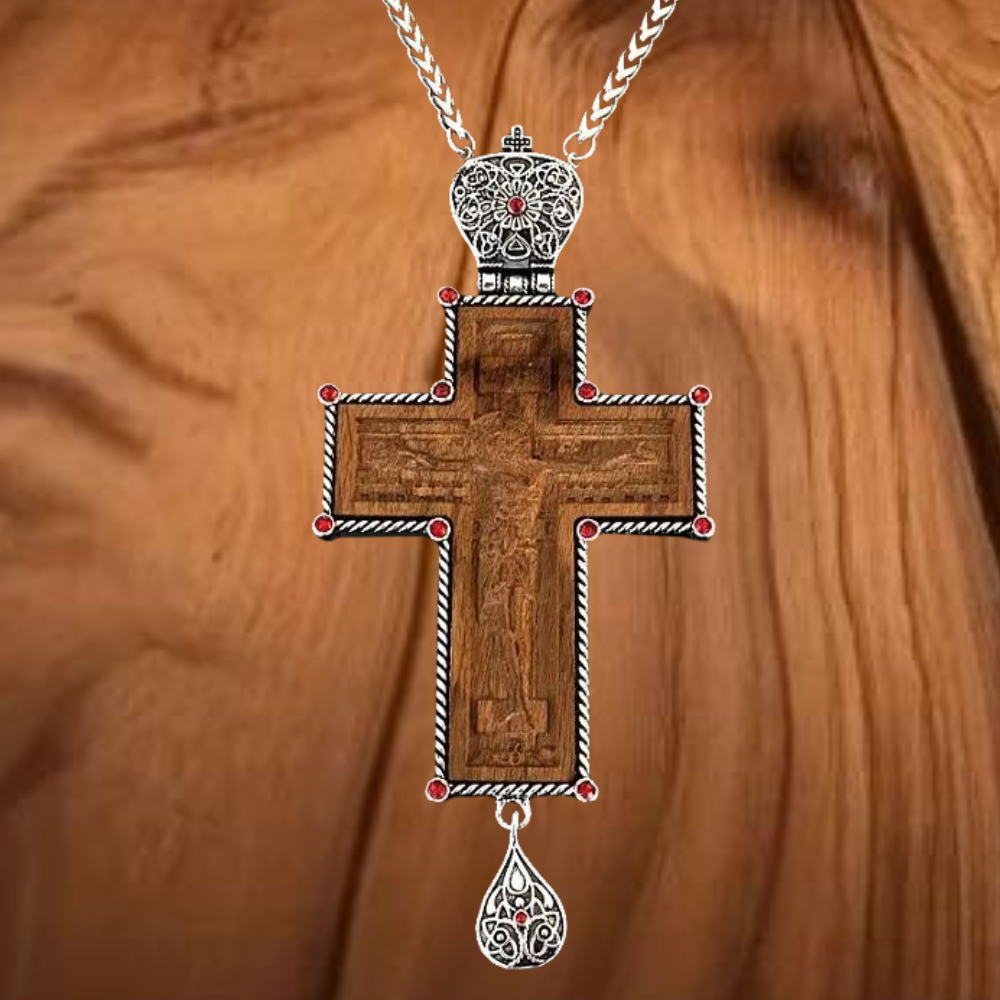 Wooden Pectoral Cross for Orthodox Priest in Silver-Plated Case With Antique Chain