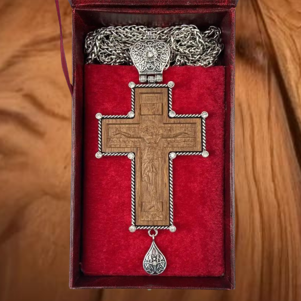 Wooden Pectoral Cross for Orthodox Priest in Silver-Plated Case With Antique Chain