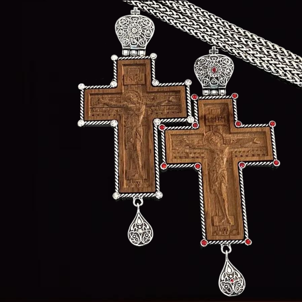 Wooden Pectoral Cross for Orthodox Priest in Silver-Plated Case With Antique Chain