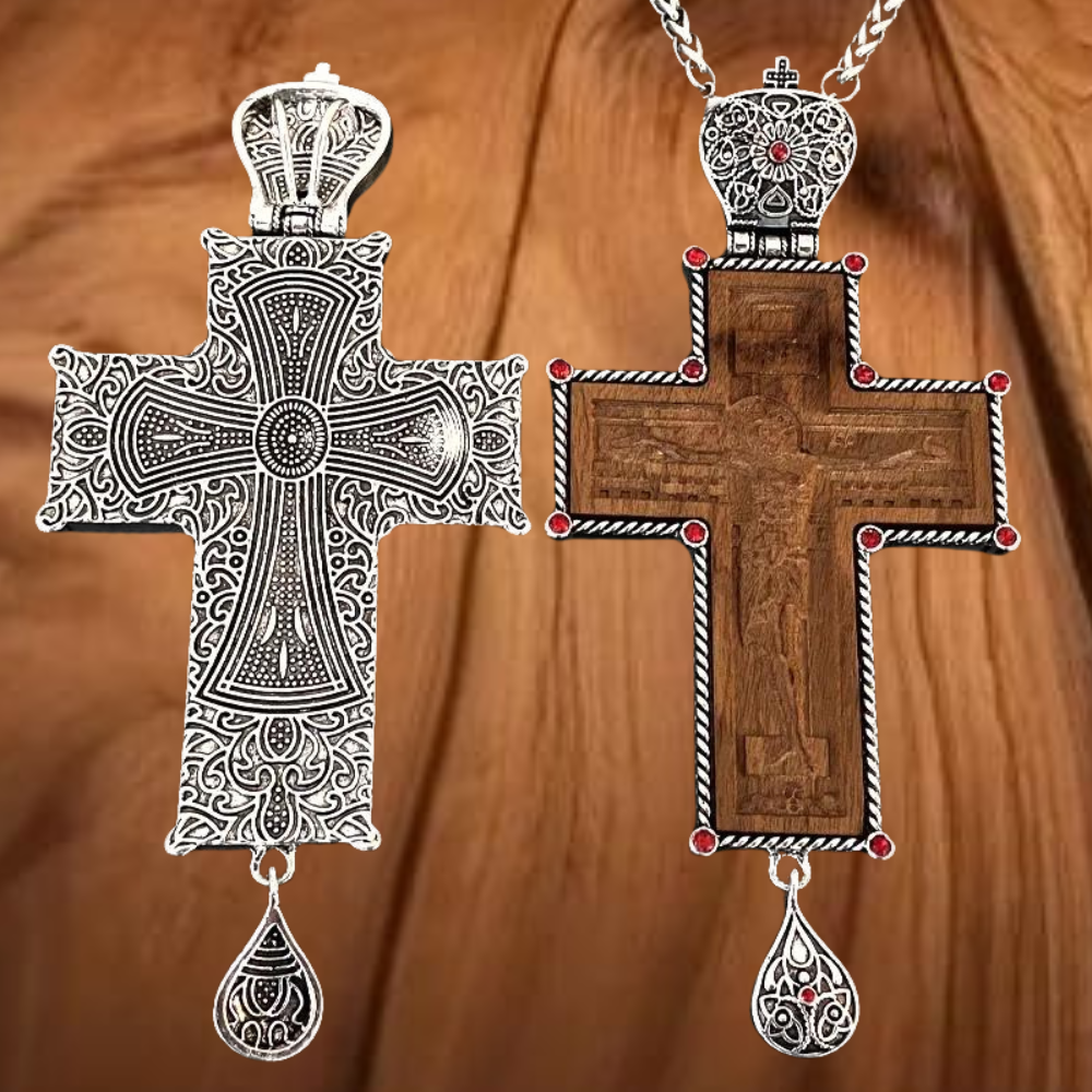 Wooden Pectoral Cross for Orthodox Priest in Silver-Plated Case With Antique Chain