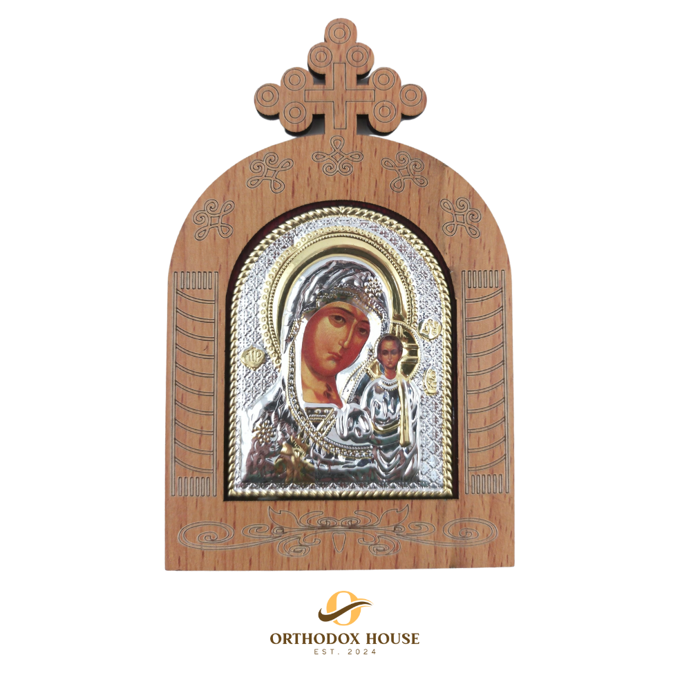 Kazanskaya Icon of Theotokos in Wooden Frame, Chased