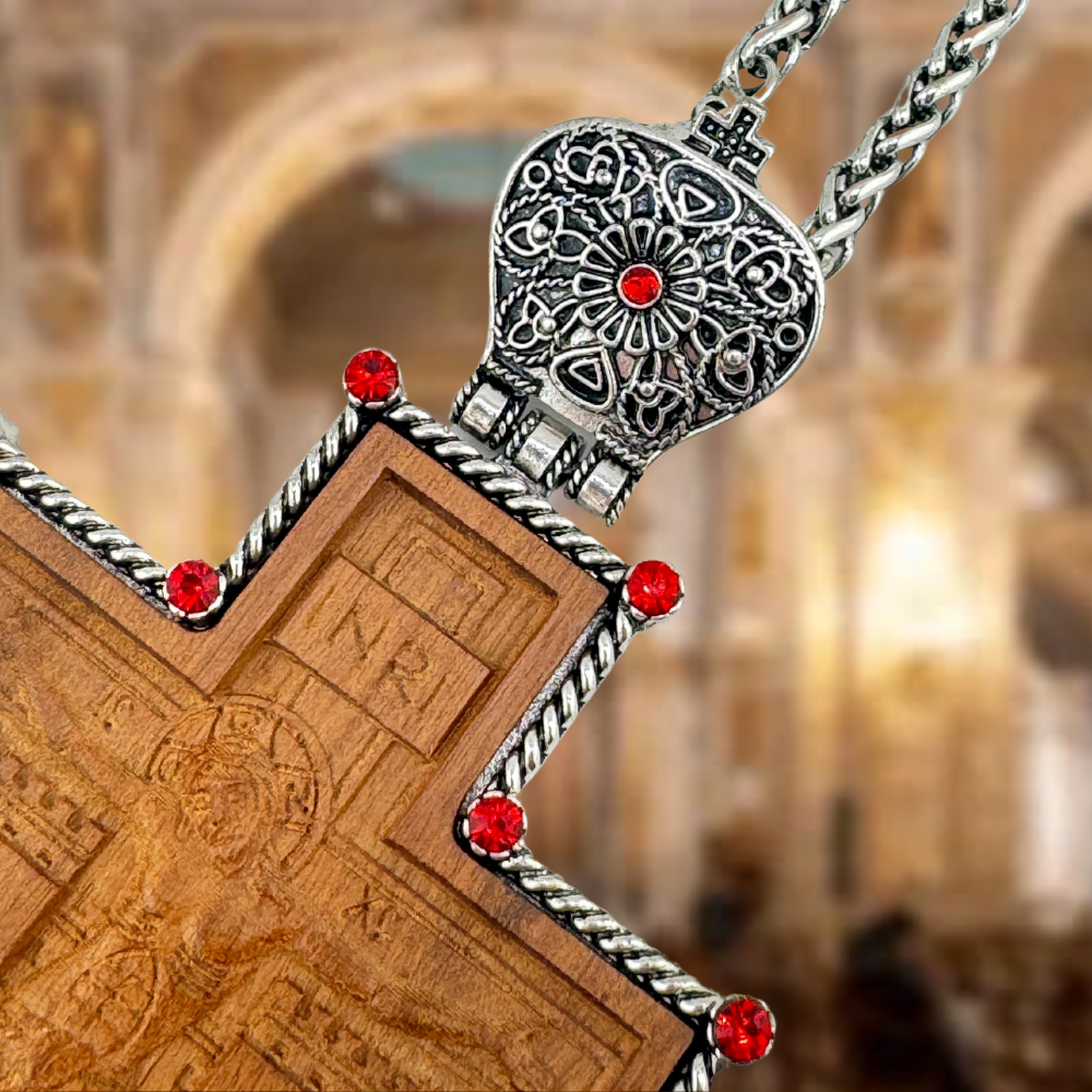 Wooden Pectoral Cross for Orthodox Priest in Silver-Plated Case With Antique Chain