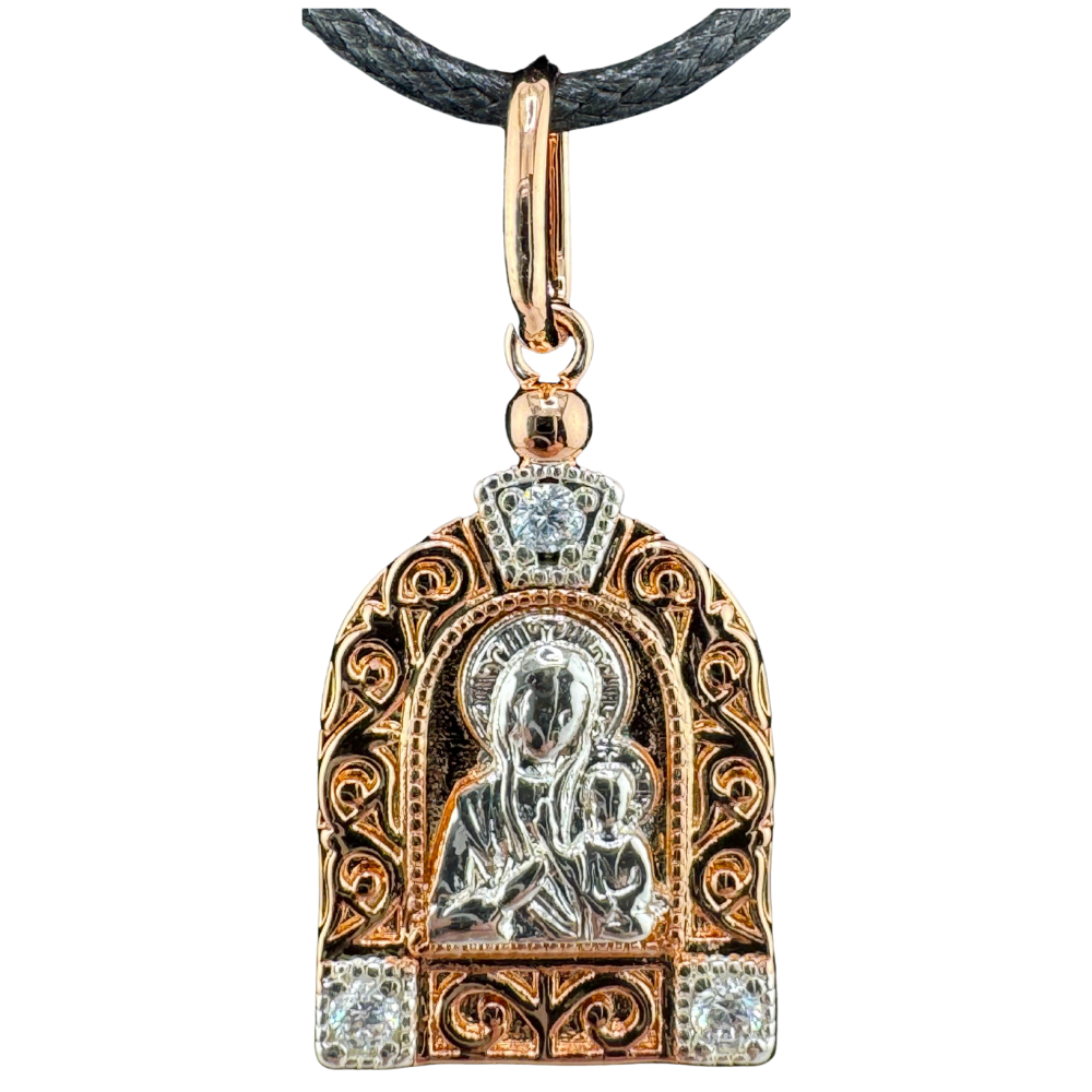 Smolensk Icon of the Most Holy Theotokos Pendant Plated in Two-Tone Gold (Rose and White) with Zircon Stones