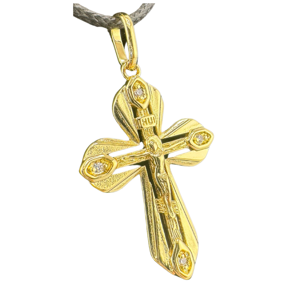 Divine Elegance: Orthodox Cross Pendant Plated In 14K Gold Brass Based with Zircon Stone w/o Chain