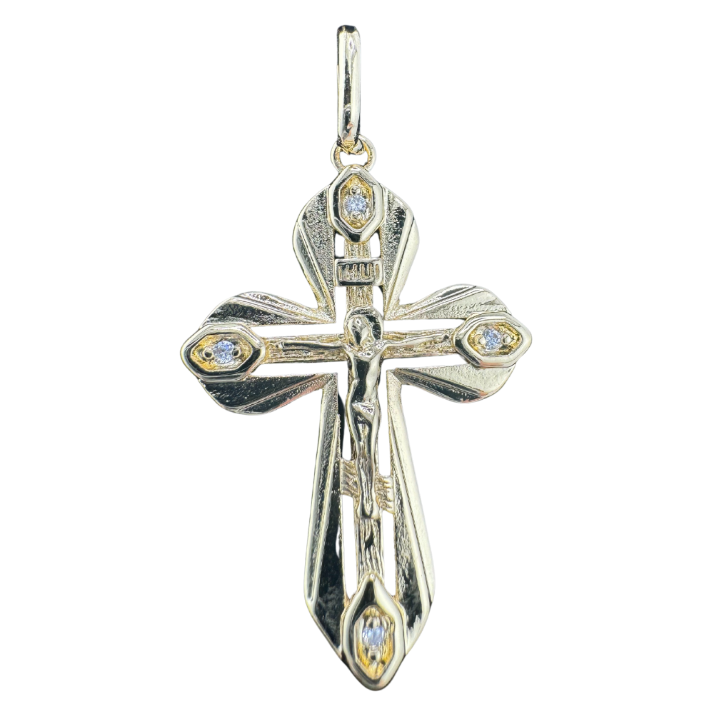 Divine Elegance: Orthodox Cross Pendant Plated In 14K Gold Brass Based with Zircon Stone w/o Chain