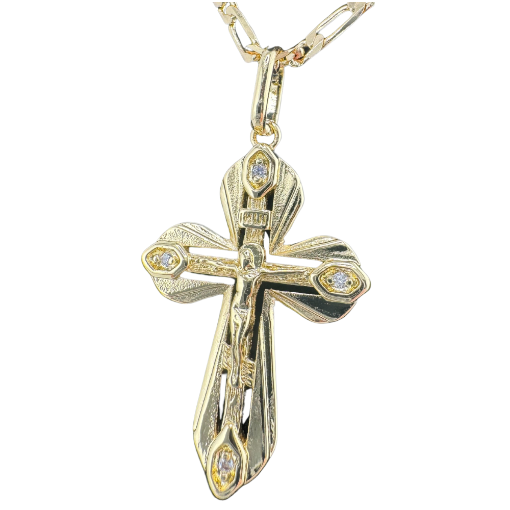 Divine Elegance: Orthodox Cross Pendant Plated In 14K Gold Brass Based with Zircon Stone w/o Chain