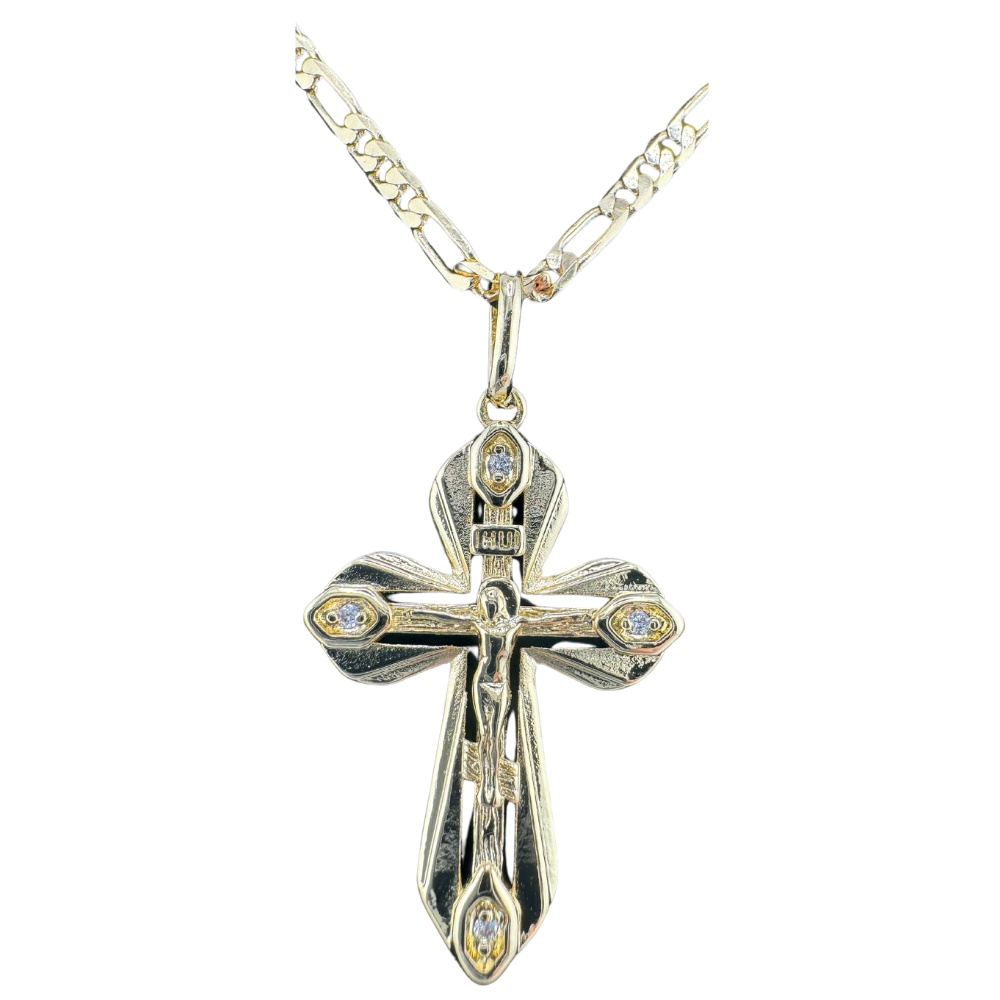 Divine Elegance: Orthodox Cross Pendant Plated In 14K Gold Brass Based with Zircon Stone w/o Chain