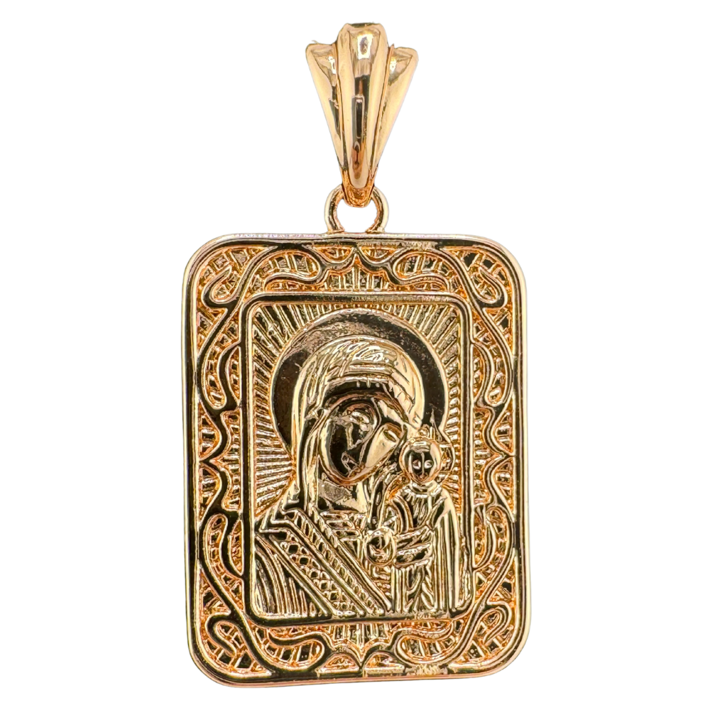 Kazan Icon of the Most Holy Theotokos Pendant Plated in Rose Gold Large Square