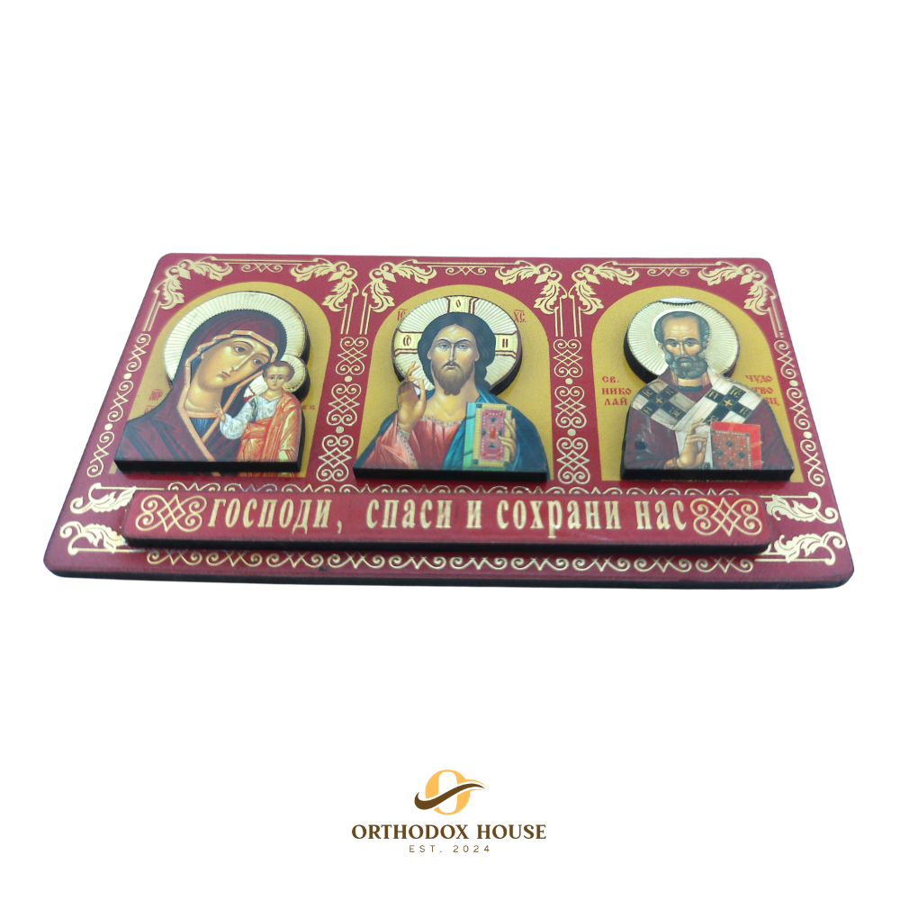 Red Russian-Style Triple Icon of Theotokos, Jesus Christ, and Saint Nicholas the Wonderworker