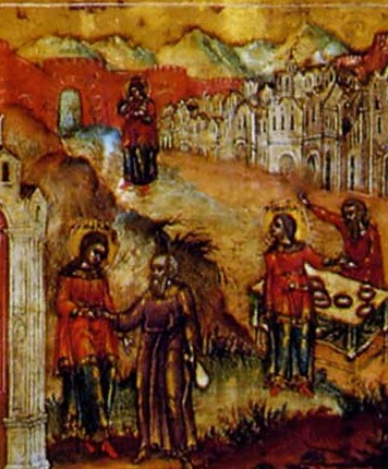 Незнакомец подаёт Марии три монеты; Мария покупает хлебы