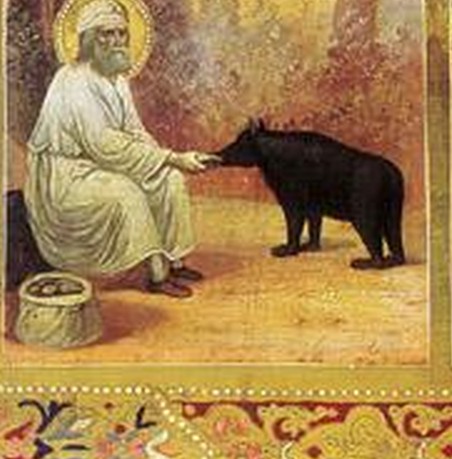 Преподобный Серафим кормит медведя — клеймо жития